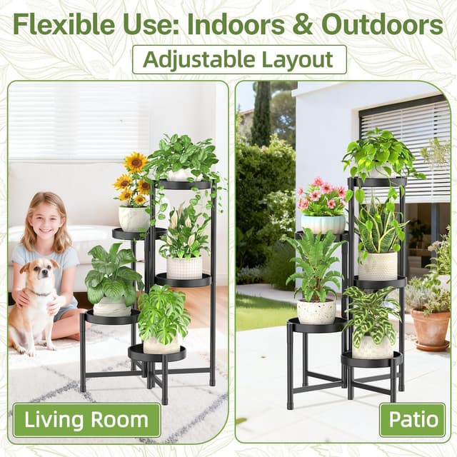 Detalle 2 de iDavosic.ly 5 Etagen Metall-Pflanzenständer für die Zimmerecke (rund, schwarz)