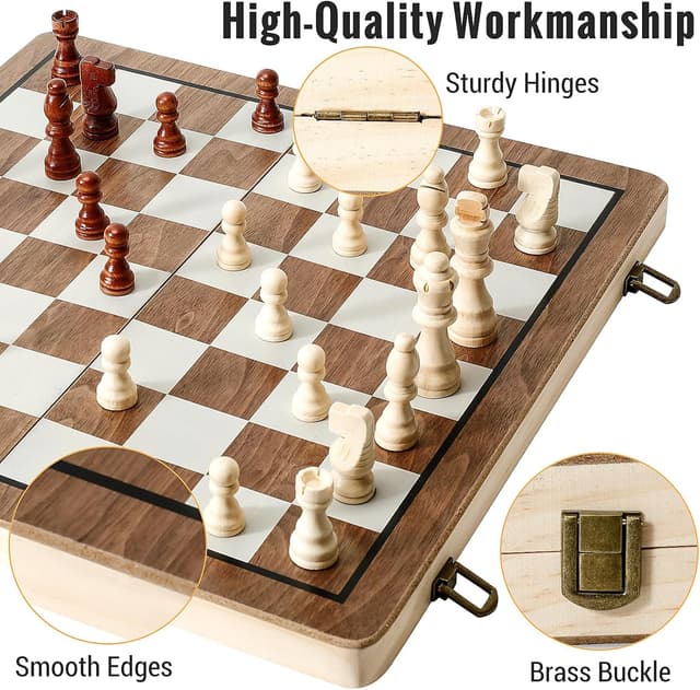 Detalle 2 de Havnidy Jeu d’échecs et dames 2 en 1 : échiquier en bois magnétique pliable (38 cm)