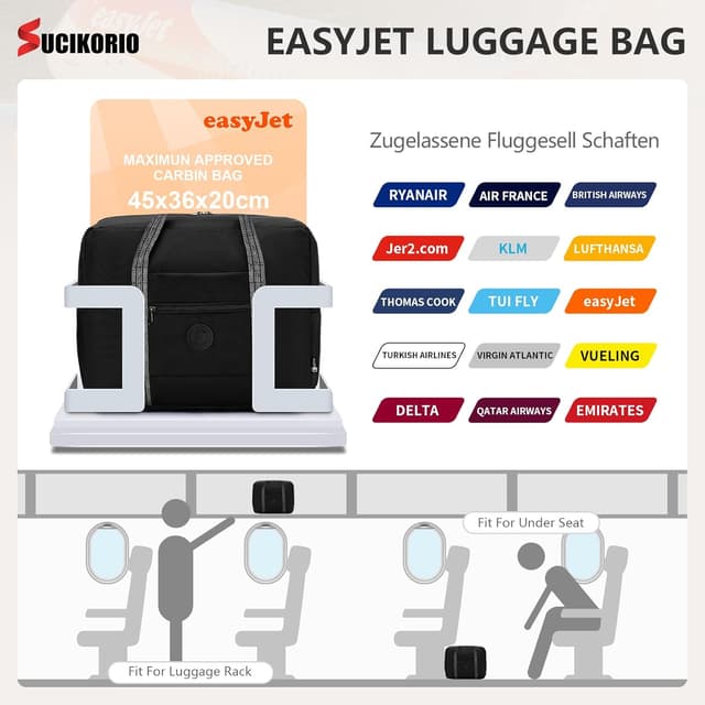 Detalle 2 de SUCIKORIO Borsa da Viaggio EasyJet 45x36x20 cm impermeabile in nylon 32L con tracolla regolabile