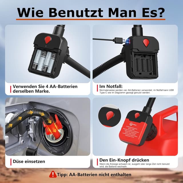 Detalle de Kraftstoffpumpe mit Auto-Stopp-Sensor – tragbare 4,0 GPM Benzinpumpe für Kanister (mit 4 Adaptergrößen, rot)