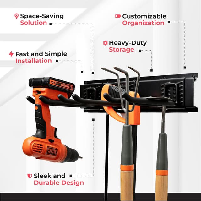Detalle de TIDYME Garage Tool Organizer Wall Mount (48 in) with Adjustable Hooks — 300 lbs Capacity, Anti-Rust Steel Storage Rack