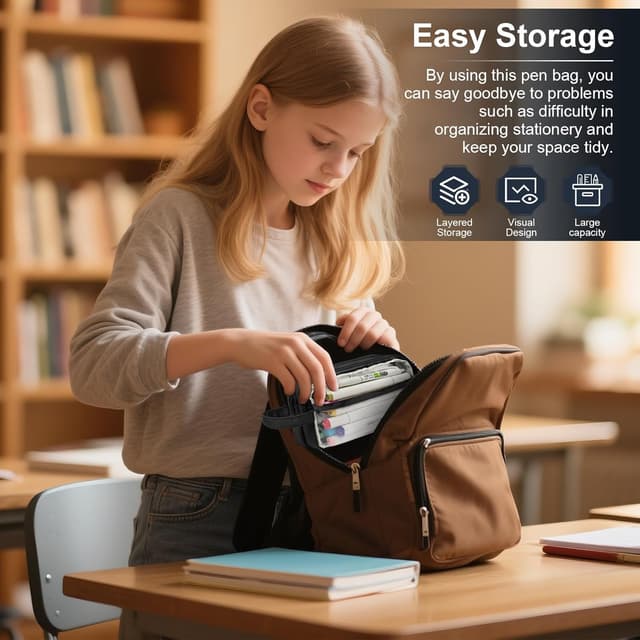 Thumbnail 6 de TIECHI Large Pencil Case for Girls & Boys (Black) – big, compartment organiser with wide opening