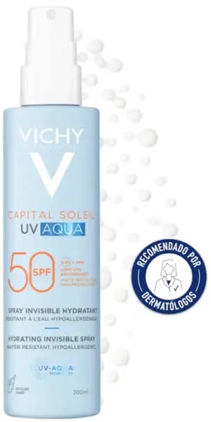Detalle 2 de Vichy Capital Soleil UV Aqua Spray Hidratante SPF50, spray hidratante para rostro y cuerpo (2x200 ml)