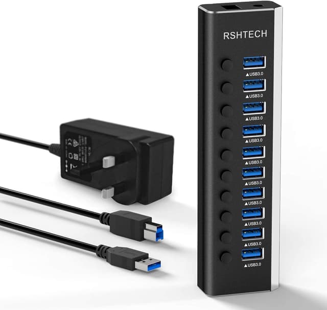 Detalle de RSHTECH RSH-A10 10‑port USB 3.0 Hub 36W