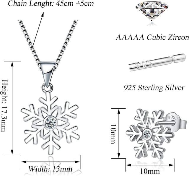 Detalle 2 de Cangall Silber Weihnachten Schmuckset Damen (925 Sterling Silber): Schneeflocke Kette & Ohrstecker-Set