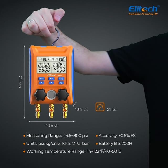 Detalle 2 de Elitech LMG-10Plus 2-Way Digital Manifold for HVAC Refrigerant Pressure & Superheat/Subcooling