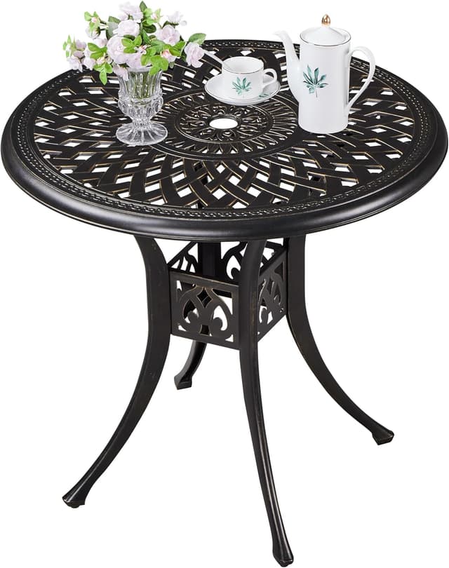 Detalle de Yaheetech Table de jardin ronde design vintage en aluminium bronze, avec trou pour parasol et patins réglables (Ø 78 cm)