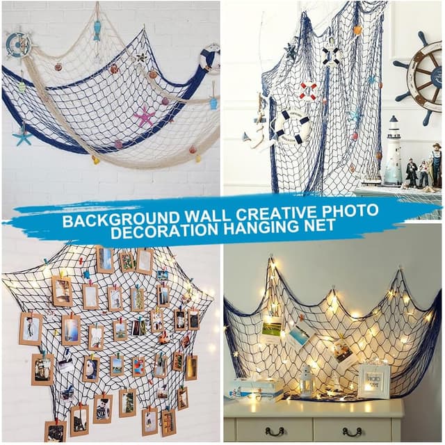 Detalle de Aolso Décoration murale en filet de pêche naturel méditerranéen (1 x 2 m) bleu