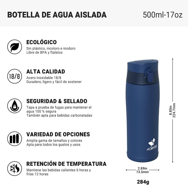 Thumbnail 2 de AORIN botella 500ml acero 18/8 con 2 tapas