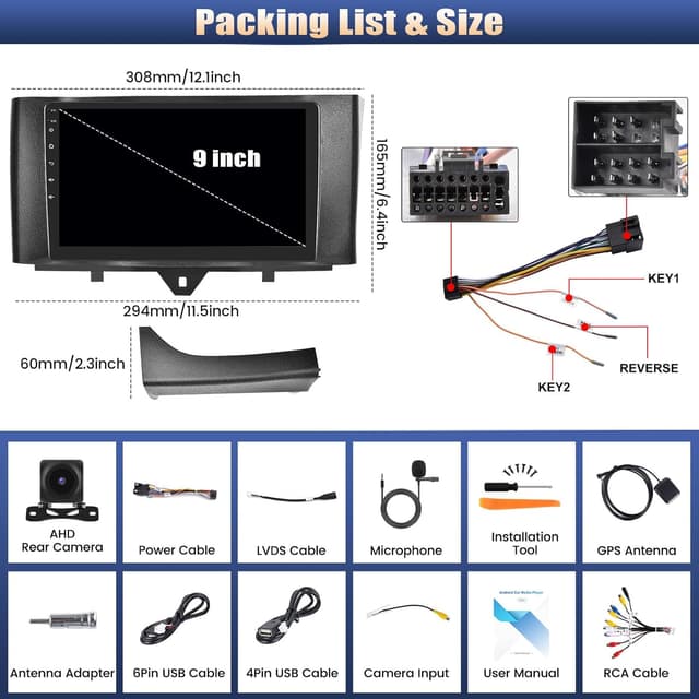 Detalle de CAMECHO 4G+64G Android 15 2 DIN per Mercedes Smart Fortwo W451 (2011-2015) con schermo 9” CarPlay/Android Auto, GPS, WiFi e telecamera AHD
