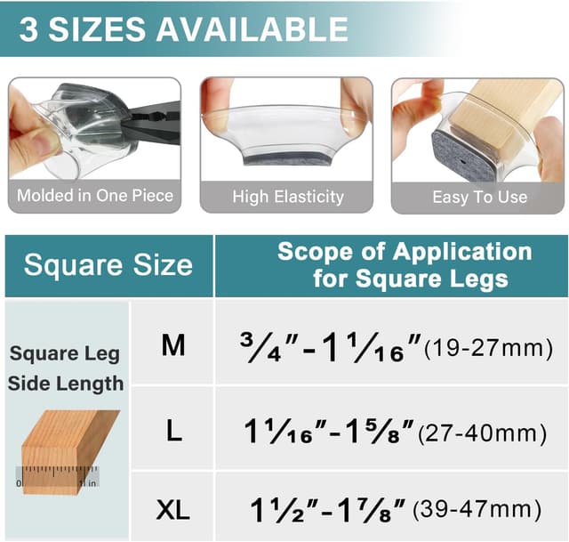 Detalle de Set da 24 protezioni quadrate per gambe di sedie in feltro e silicone (Large) – per gambe 19-25 mm