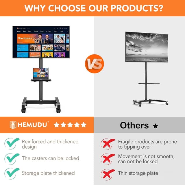 Detalle de Hemudu mobile TV stand on wheels for 13–50 inch TVs (max 20 kg, max VESA 200x200 mm)