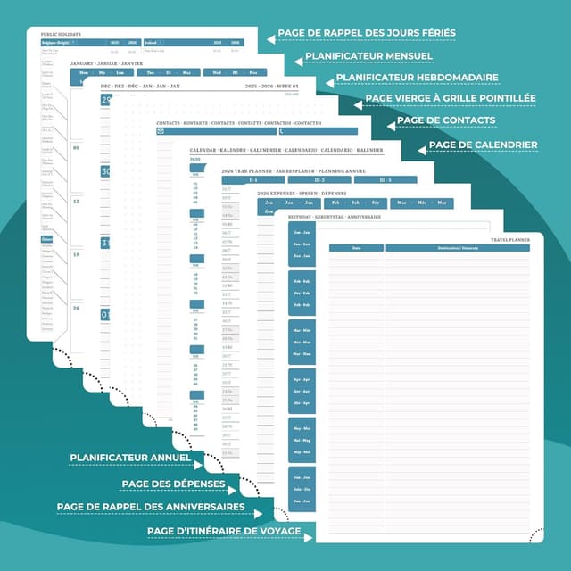 Detalle de IN-LUXPRO Agenda 2026 semainier A5 moyen (21,9 x 16,4 cm) à spirale, cuir PU bleu clair