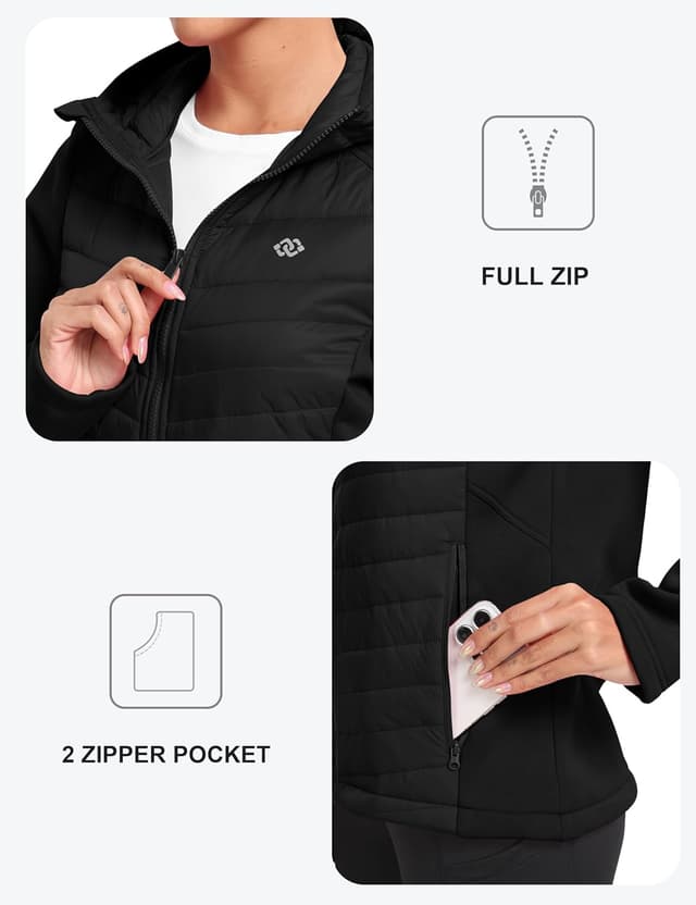 Detalle 2 de MoFiz Womens Fleece Lined Softshell Hooded Hybrid Puffer Jacket (Full Zip) for Running & Hiking