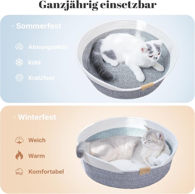 Detalle 2 de CheerPals Katzenbett mit Kissen (47 cm) – waschbarer Katzenkorb aus Baumwollseilen, für Sommer & Winter