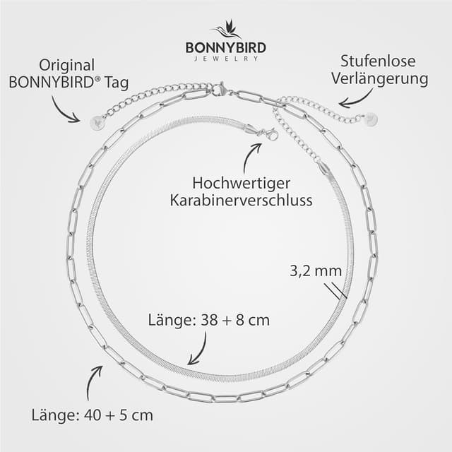 Detalle de BONNYBIRD BonnyVoyage Wasserfeste Edelstahl-Gliederkette & Schlangenkette im Set für Damen (316L)