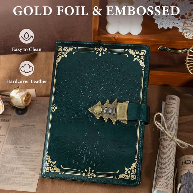 Detalle de WEMATE Tagebuch mit Schloss, A5 Hardcover (260 Seiten) inkl. Geschenkbox – nachfüllbar, Vintage-Optik in Grün