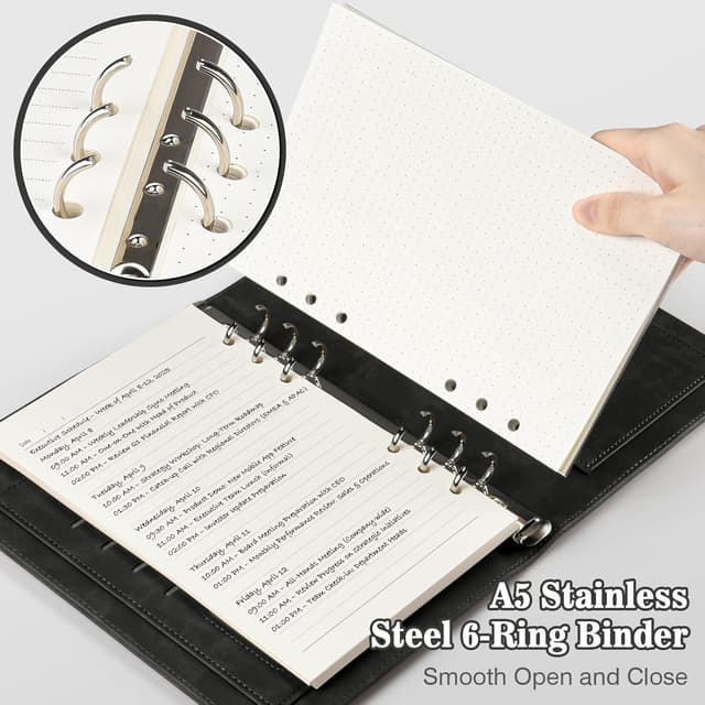 Detalle de PU Leather A5 Ring Binder Notebook with 6 Rings, 200-Sheet Refill Pack & Dividers (Black)