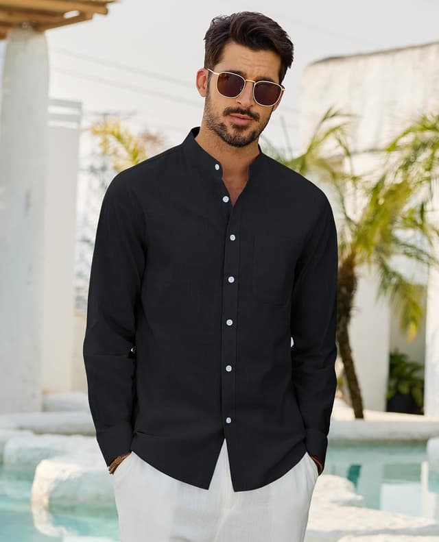 Detalle de J.VER Leinenhemd Herren Langarm Stehkragen mit Tasche – Regular Fit für Sommer & Freizeit