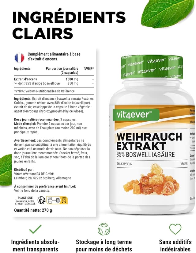 Detalle de Vit4ever Extrait d’encens 365 gélules Premium – 85% d’acide boswellique (1000 mg/jour, vegan)