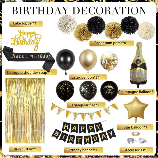 Detalle 2 de Schwarz-Gold Geburtstagsdeko Party Set mit Happy Birthday Banner, Ballons, Pompons und Lametta