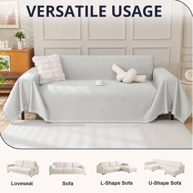 Detalle de Royhom Telo copridivano 2 posti 180x260 cm in ciniglia grigio chiaro, universale quattro stagioni