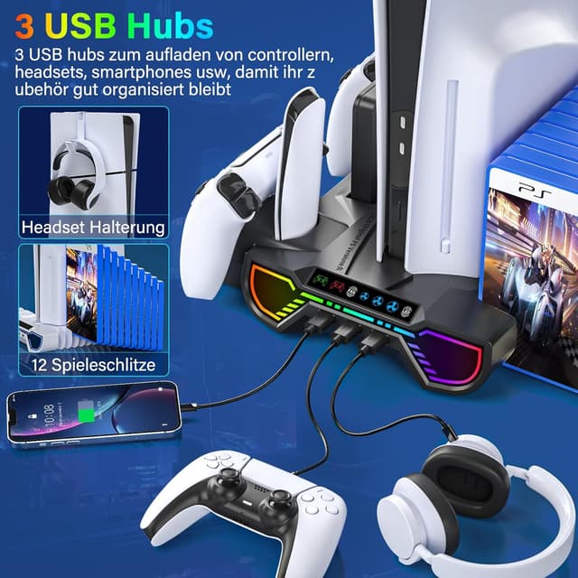 Detalle de ZRZLMVP PS5/PS5 Slim/PS5 Pro Ständer mit Controller-Ladestation, Lüfter & 3-USB-Hub (RGB) – Schwarz