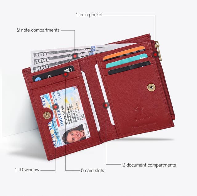 Detalle de Oak Leathers women’s leather wallet (Nappa Red) with RFID coin purse & card holder