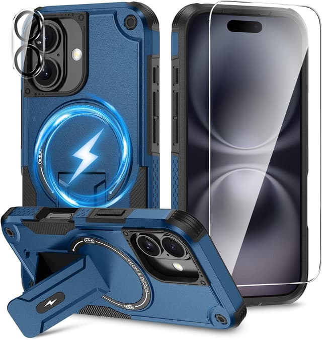Detalle de 3-in-1 iPhone 16 Case (MagSafe Compatible) with Invisible Kickstand, HD Screen Protector & Camera Lens Protectors — Blue