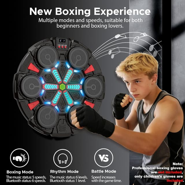 Detalle de SZJJX Music Punching Machine for Kids & Adults – Bluetooth wall-mounted boxing trainer with gloves, rhythm lights and 2 player mode