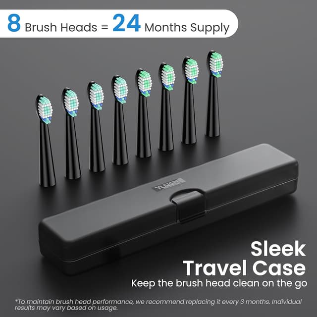Detalle de YUNCHI C2 Electric Toothbrush (USB-C rechargeable) for adults and kids, 5 modes, 2-minute timer, 8 brush heads, travel case