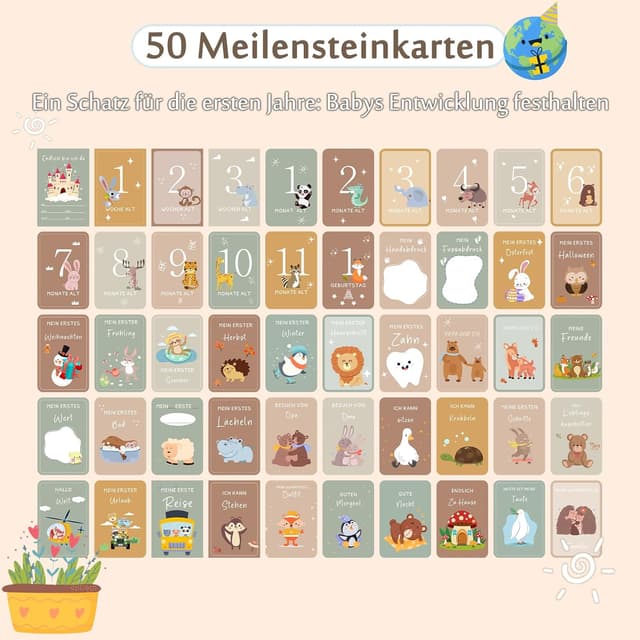Detalle de Giftota Baby-Meilensteinkarten mit Tiermotiven (50 Karten) inkl. Holz-Kartenständer