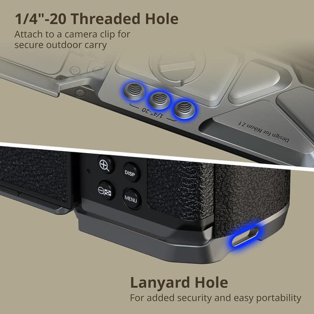 Detalle de SMALLRIG poignée en silicone en forme de L 5706 pour Nikon Z f (plaque Arca intégrée + œillet pour dragonne)