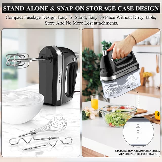 Detalle de BAIGELONG Hand Electric Mixer 300W with 5 speeds, turbo boost and 5 stainless steel attachments (black)