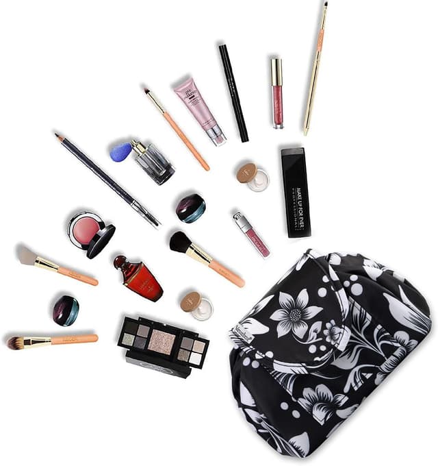 Detalle 2 de Lazy Drawstring Makeup Bags (Large Capacity) — Oxford Canvas Waterproof Travel Cosmetic Pouch, Black Floral