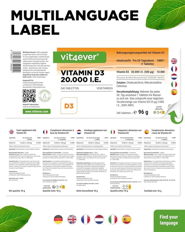 Detalle 2 de Vitamin D3 20.000 I.E. Depot (240 Tabletten) von Depot – hochdosiert, vegetarisch