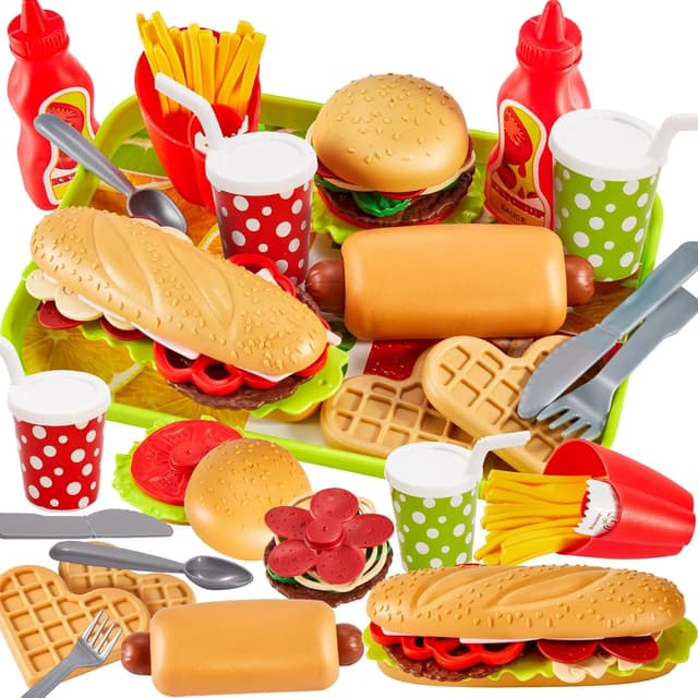 Thumbnail 6 de BUYGER Pretend Play Toy Food Sets for Kids (Take Apart Hamburger, Fast Food Accessories) with Tray