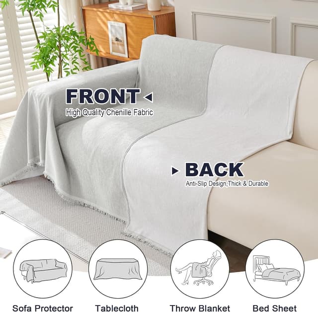 Detalle de Royhom Telo copridivano 2 posti 180x260 cm in ciniglia grigio chiaro, universale quattro stagioni