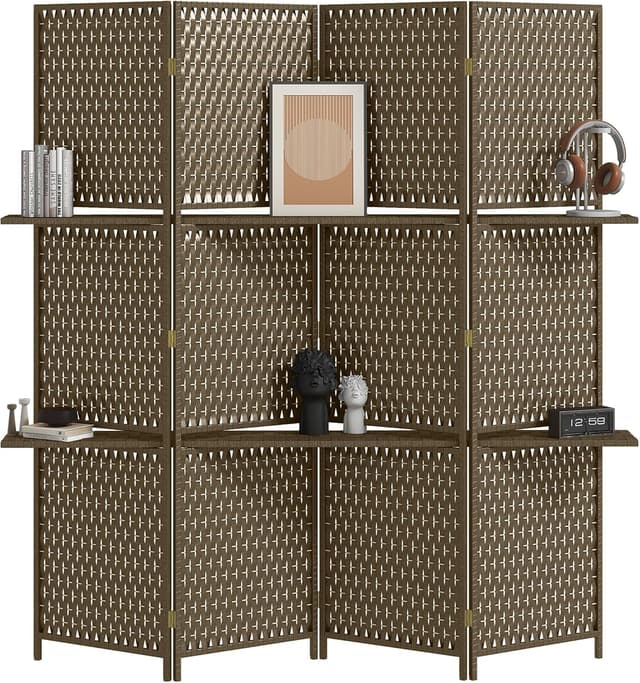 Detalle de HOMCOM Paravent intérieur à 4 panneaux avec 2 étagères (bois de pin, bambou, fibres de papier tressées)
