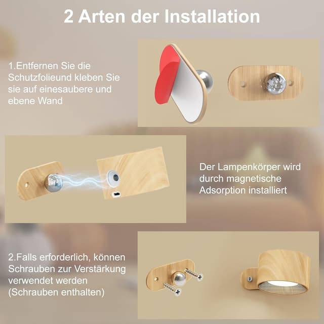 Detalle de Feallive LED-Wandleuchte für Innen mit Akku, Touch Control und 360°-Drehung