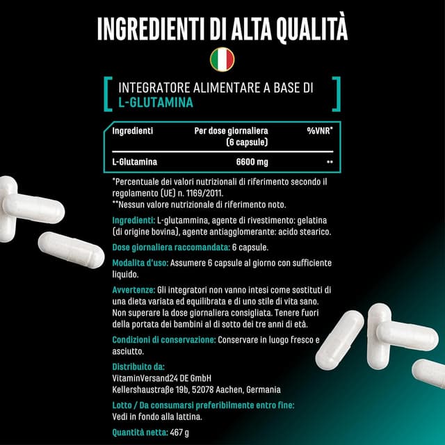 Detalle de L-glutammina Ultra Caps (365 capsule da 1100 mg) – L-glutammina pura in capsule ad alto dosaggio