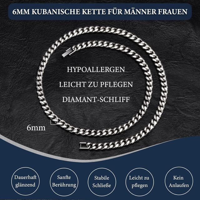 Detalle 2 de XUANPAI Sohn Geschenke Halskette für Herren in Silber – Kuba-Gliederkette aus Edelstahl, 6 mm Breite