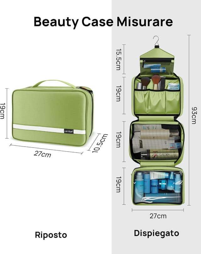 Detalle 2 de Carttiya Beauty Case da viaggio grande impermeabile con gancio in metallo, verde chiaro