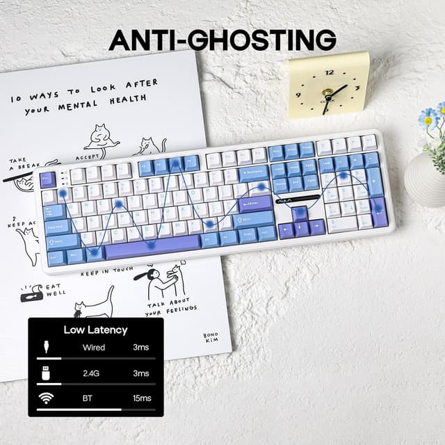 Detalle de EPOMAKER Aula F108 Wireless Gaming Keyboard (Full Size, Hot-Swappable) with 4000mAh Battery, 108 Keys, White & Blue