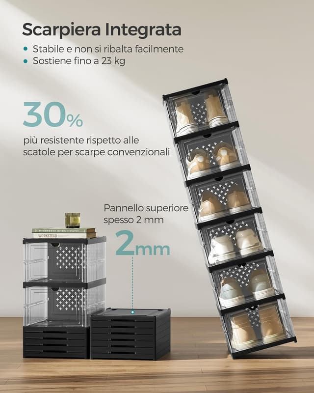 Detalle de SONGMICS LSP205B01: set di 6 scatole porta scarpe impilabili, pieghevoli e componibili fino alla taglia 46