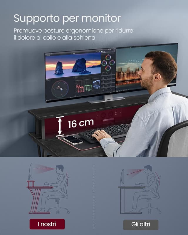 Thumbnail 6 de VASAGLE Scrivania da gaming LWD192B56 con luci LED, supporto per 2 monitor e prese di corrente, 60 x 120 x 76 cm