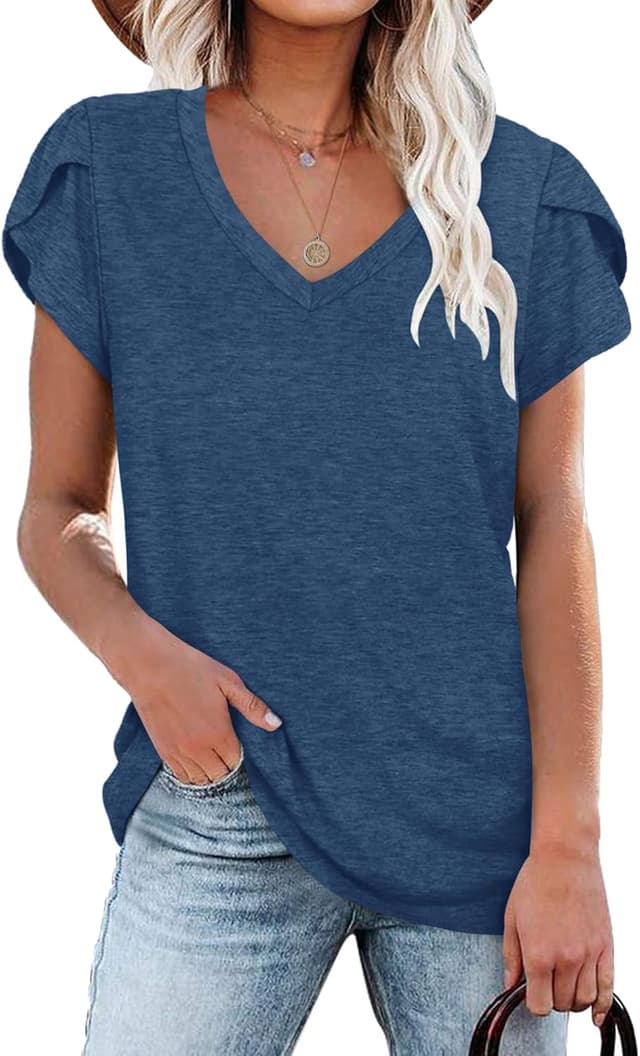 Detalle 2 de PLOKNRD T-shirt d’été à manches courtes pour femme, col V et style décontracté