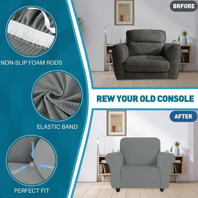 Detalle de YSTELLAA Copridivano 2 Posti grigio chiaro anti-graffio e anti-macchia, con braccioli e fascia antiscivolo