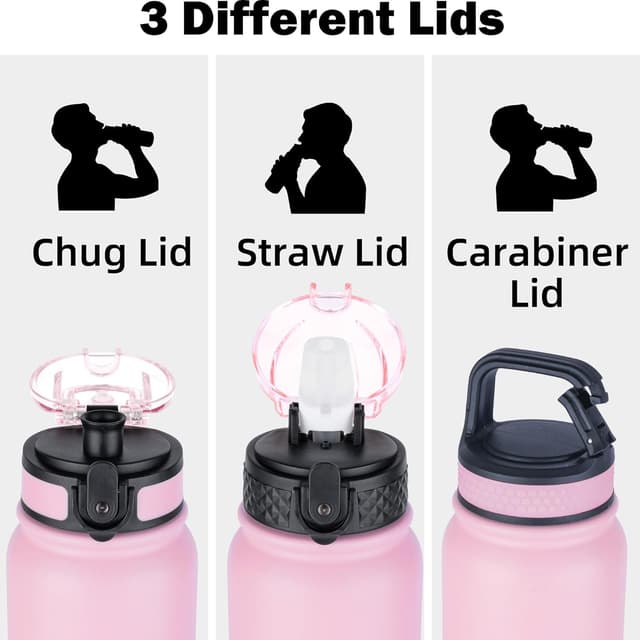 Detalle de OLDLEY 20oz Insulated Stainless Steel Water Bottle (Straw & 3 Lids) in Ombre Pink-Purple