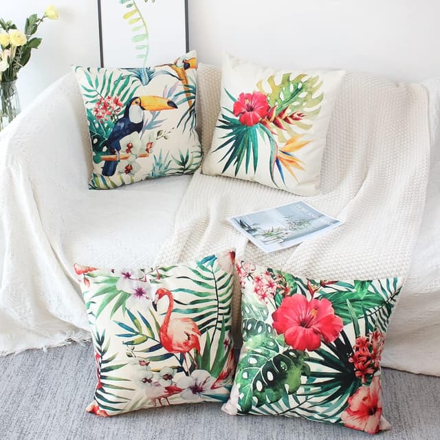 Detalle de NIULAA 4er-Set Kissenbezüge 45 x 45 mit tropischem Pflanzen-/Tiermotiv und verdecktem Reißverschluss